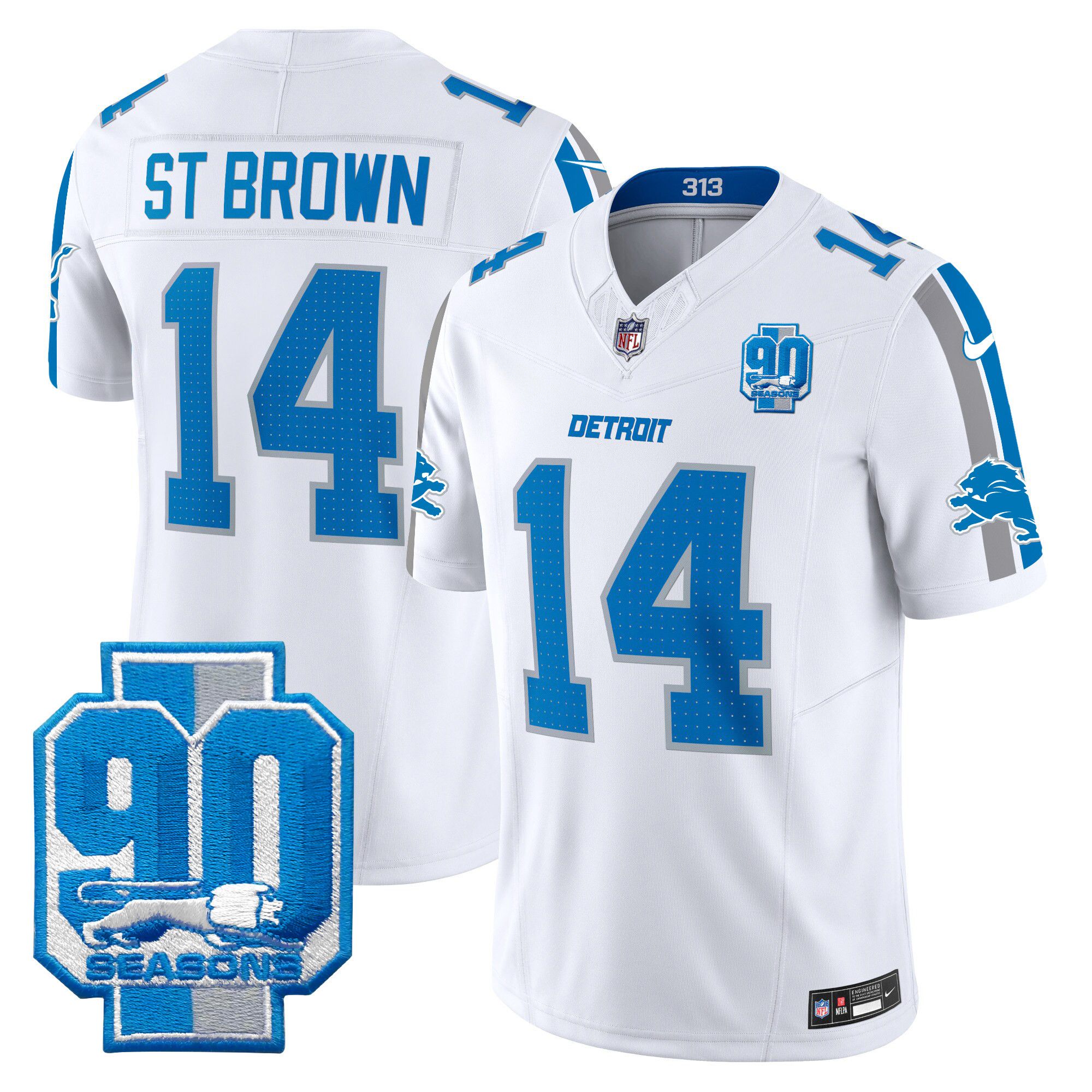 Men Detroit Lions #14 ST Brown White 2024 Nike 90th Year Patch Vapor Limited NFL Jersey